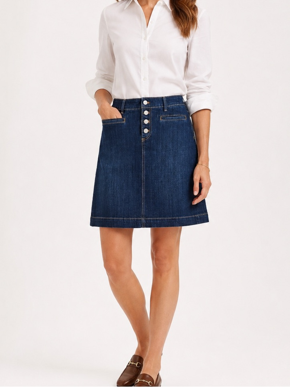 Talbots Dark Wash Denim Jean Skirt A-Line Button Fly Size 10 Stretch Casual